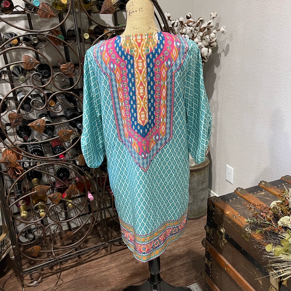 Vibrant Teal and Pink Women's Swim 3/4 length sleeve Swim Coverup - Picture 5 of 9